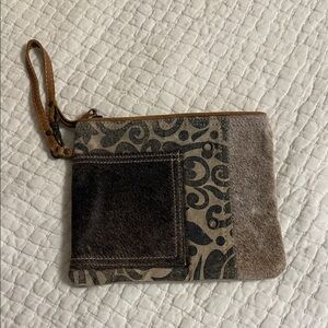 Myra Bag-Tan and Brown Canvas, Faux Fur Wristlet with Patterned Lining